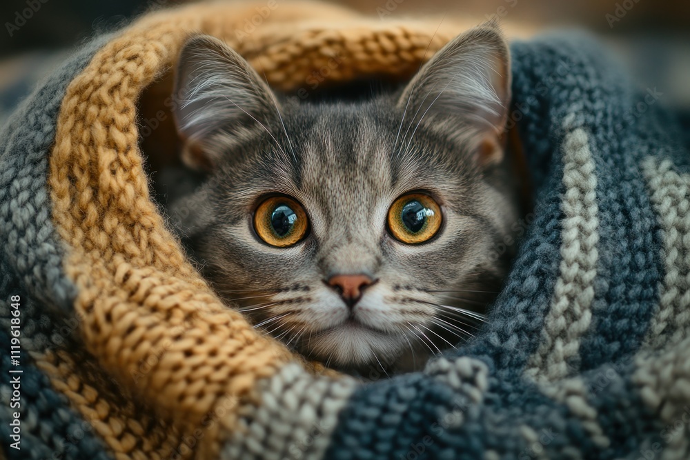 A gray tabby cat with yellow eyes peeks out from a warm knitted blanket. A gray tabby cat with yellow eyes peeks out from a warm knitted blanket.