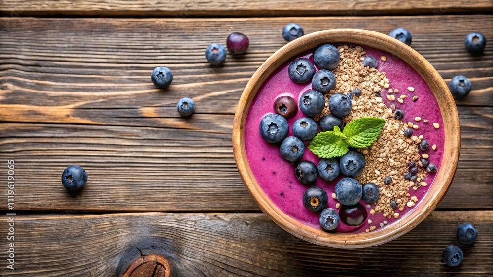 Vibrant Purple Smoothie Bowl with Fresh Blueberries and Granola Topping on Rustic Wooden Surface Vibrant Purple Smoothie Bowl with Fresh Blueberries and Granola Topping on Rustic Wooden Surface