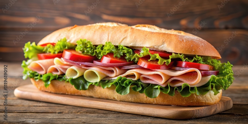 Delicious submarine sandwich filled with turkey and black forest ham, sub sandwich, turkey, black forest ham, deli meat, lunch, meal Delicious submarine sandwich filled with turkey and black forest ham, sub sandwich, turkey, black forest ham, deli meat, lunch, meal