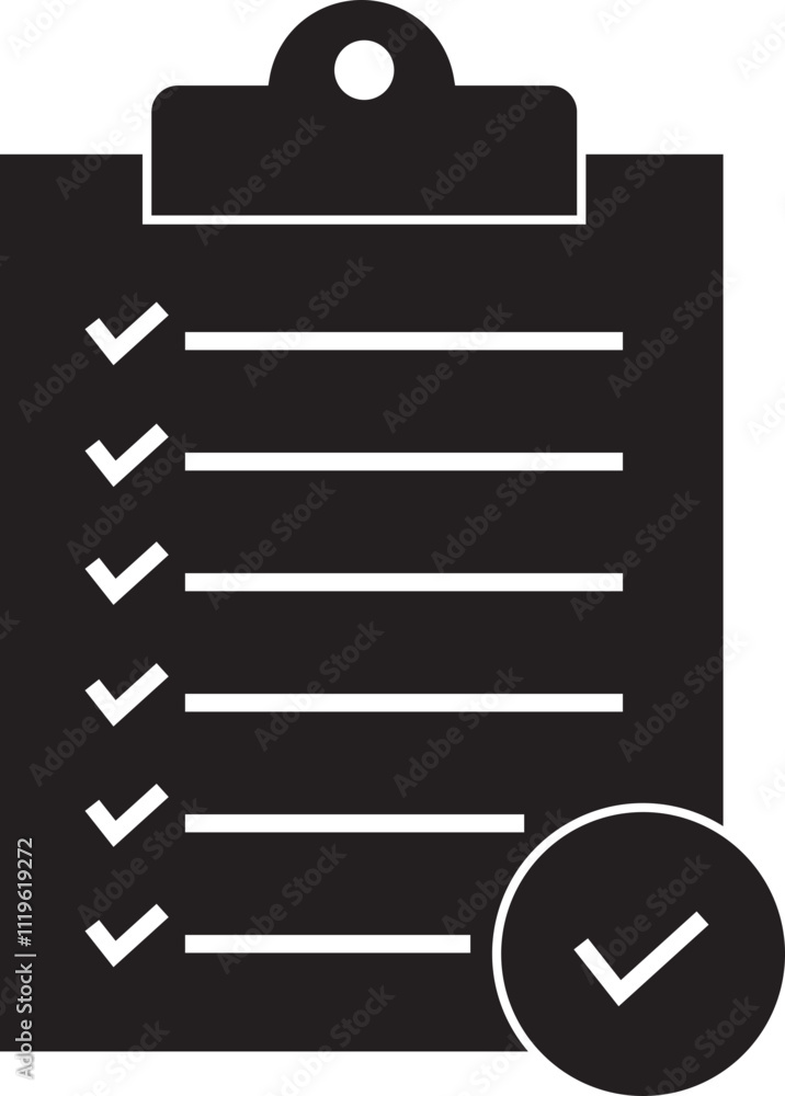 Checklist icon with check mark document gear pencil tables analytics questionnaire notes and notebooks on a clipboard symbol flat vector isolated on transparent background. Checklist icon with check mark document gear pencil tables analytics questionnaire notes and notebooks on a clipboard symbol flat vector isolated on transparent background.