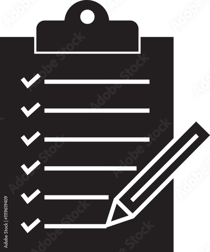 Checklist icon with check mark document gear pencil tables analytics questionnaire notes and notebooks on a clipboard symbol flat vector isolated on transparent background.