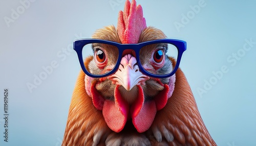 Close-up of a chicken wearing glasses. Portrait of a chicken. Anthopomorphic creature. A fictional character for advertising and marketing. Humorous character for graphic design photo