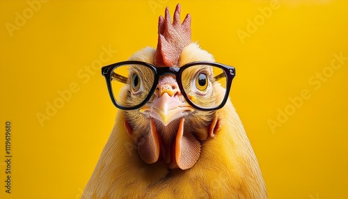 Close-up of a chicken wearing glasses. Portrait of a chicken. Anthopomorphic creature. A fictional character for advertising and marketing. Humorous character for graphic design photo