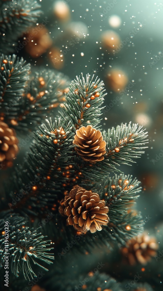 Close up of pine cones on evergreen branches during a gentle snowfall in a serene winter landscape.