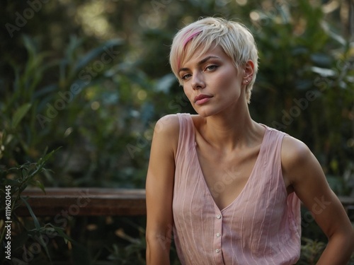 Stylish blonde woman with short pixie haircut in natural outdoor setting