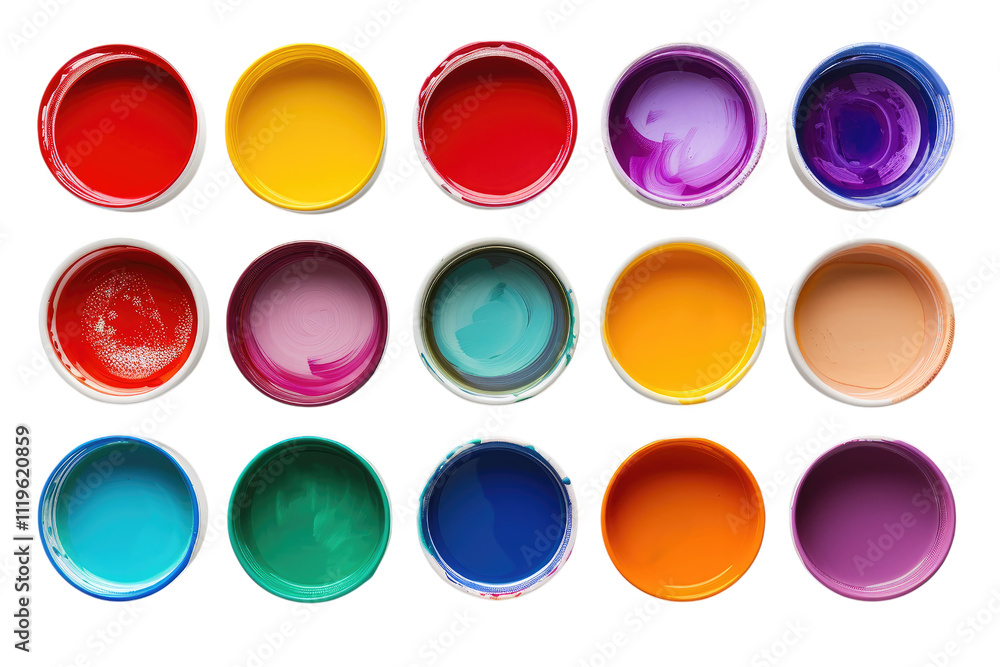 PNG. A set of acrylic paints in different colors, arranged neatly on white background, top view. PNG. A set of acrylic paints in different colors, arranged neatly on white background, top view.