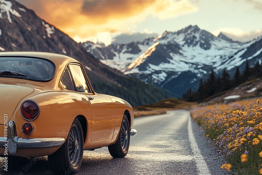 Classic car on mountain road at sunset. Classic car on mountain road at sunset.