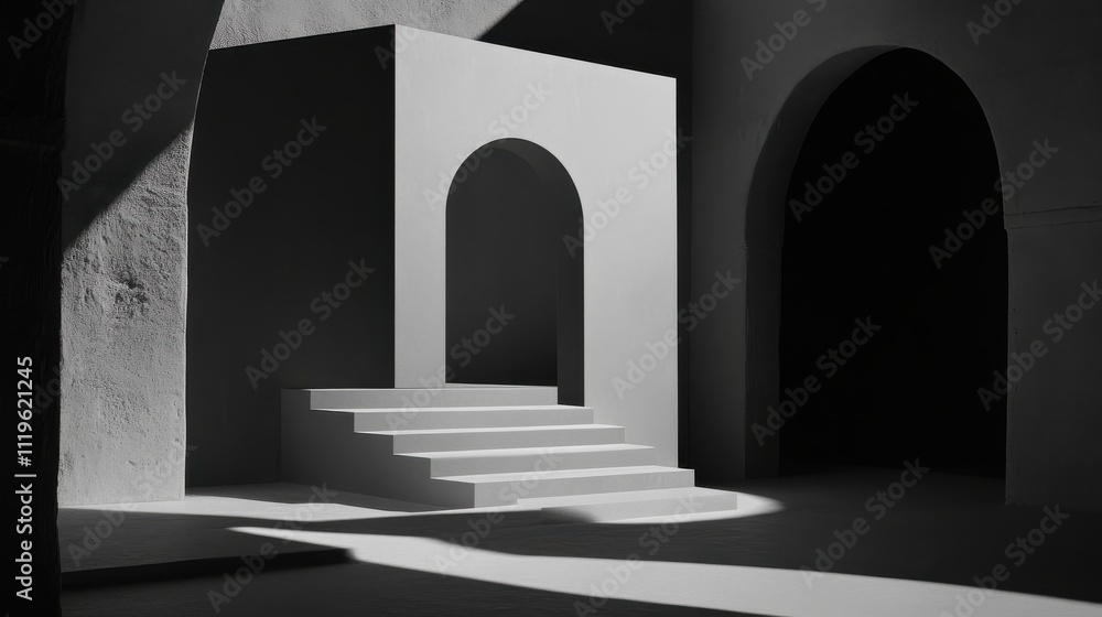 Fototapeta premium Minimalist grayscale image of a white architectural structure with stairs and arches, sunlit.