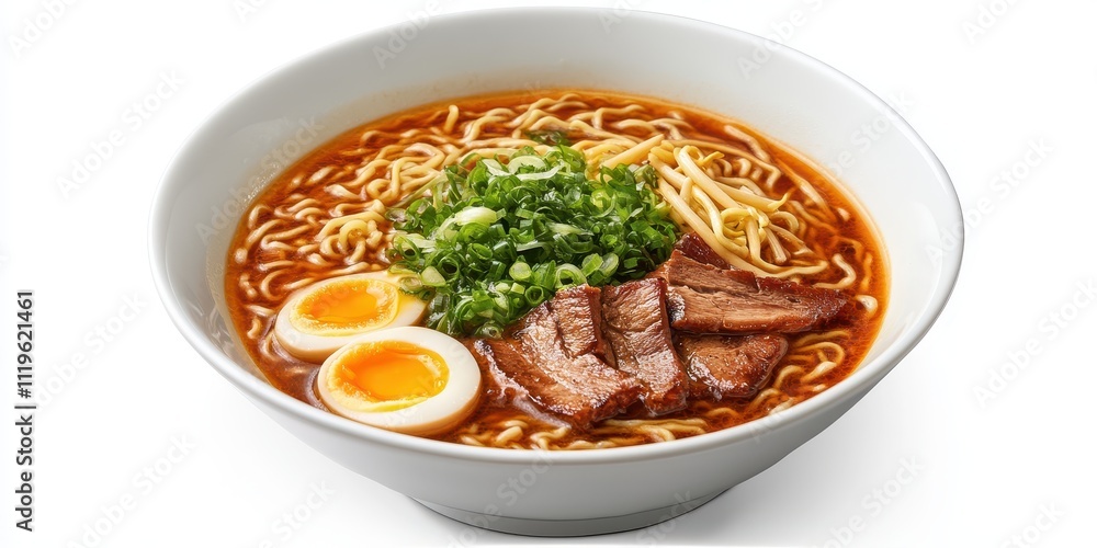 A bowl of ramen with noodles, sliced beef, green onions, and soft-boiled eggs. A bowl of ramen with noodles, sliced beef, green onions, and soft-boiled eggs.