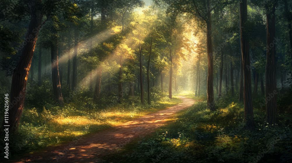 Fototapeta premium A Journey Through the Sunlit Forest Path