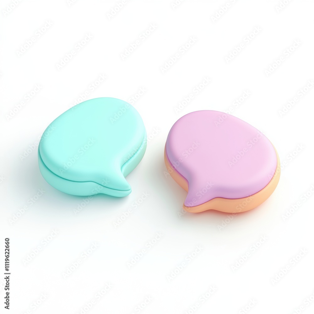 3D icon of two speech bubbles, pastel colors, on a white background, in a cute style 3D icon of two speech bubbles, pastel colors, on a white background, in a cute style