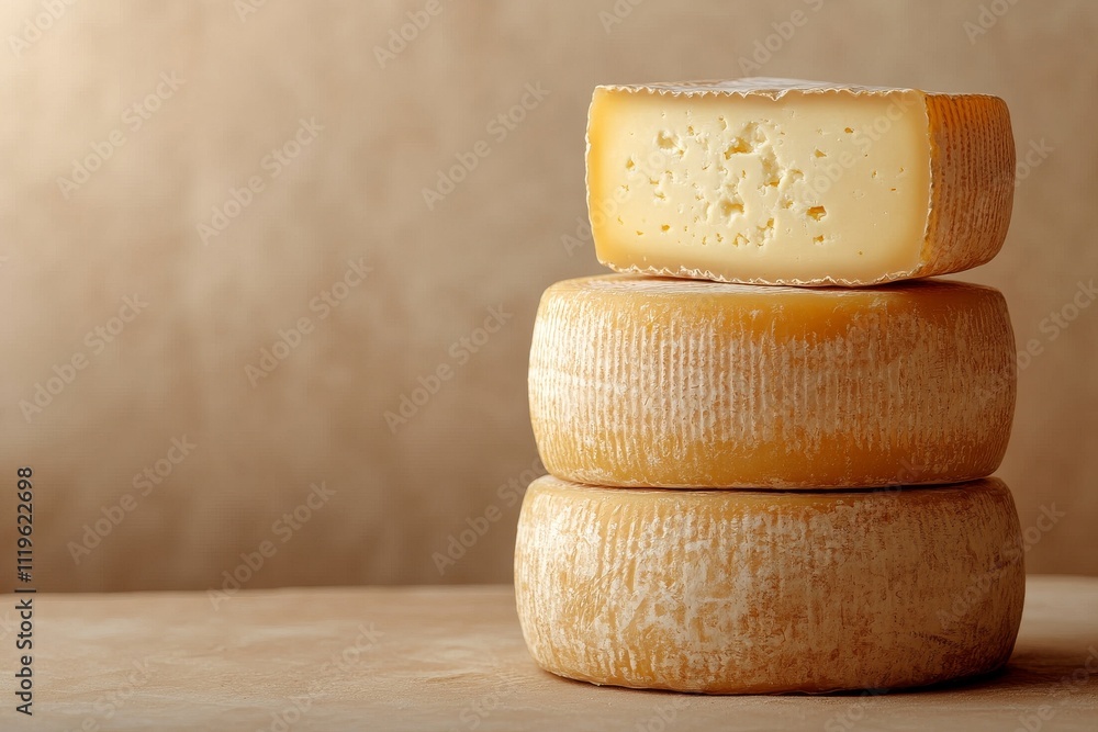 Large wheels of cheese lie in a stack on a table on a beige background. An advertisement for well-aged parmesan. Wheels of hard aged cheese.