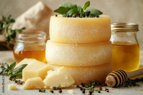 Large wheels of cheese in a stack on a table with honey and herbs on a beige background. An advertisement for well-aged parmesan. Wheels of hard aged cheese. photo