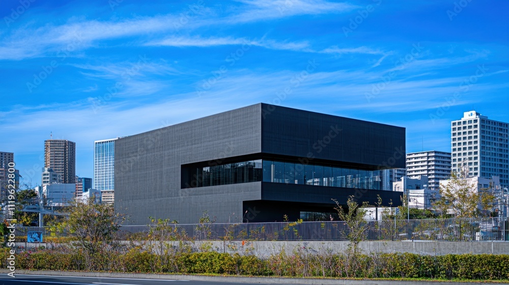 Modern black building against cityscape. Modern black building against cityscape.