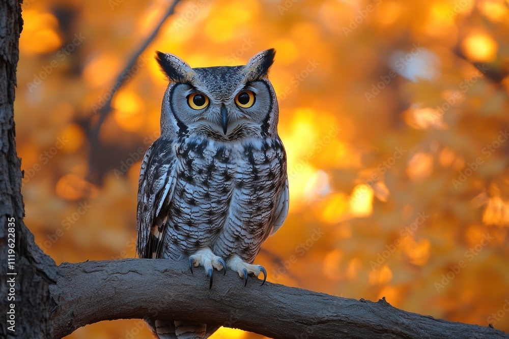 A gray and brown owl with yellow eyes perches on a branch in front of a blurry background of orange and yellow fall leaves. A gray and brown owl with yellow eyes perches on a branch in front of a blurry background of orange and yellow fall leaves.