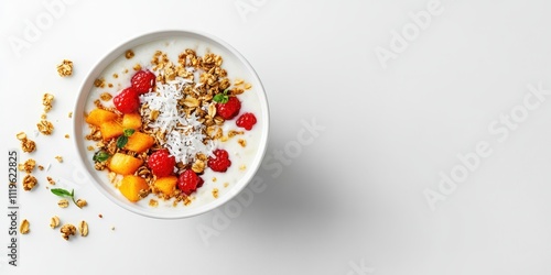 A bowl of yogurt topped with granola, mango, raspberries, and coconut flakes.