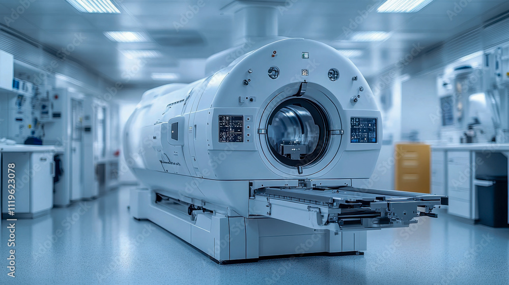 Modern, illuminated MRI scanner in a sleek medical room setting Modern, illuminated MRI scanner in a sleek medical room setting