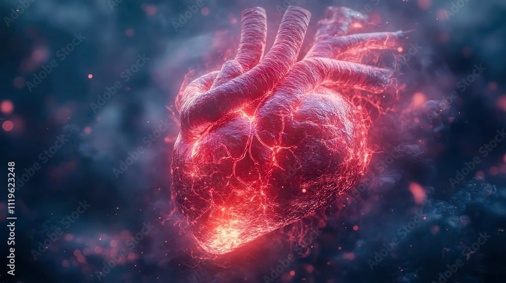 A fiery, glowing digital rendering of a human heart, emphasizing its veins and arteries A fiery, glowing digital rendering of a human heart, emphasizing its veins and arteries