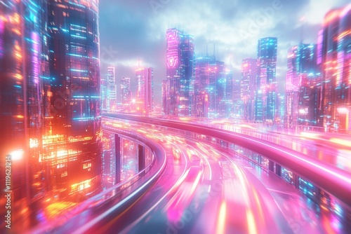 A futuristic city skyline with glowing neon lights and a highway with fast-moving traffic.