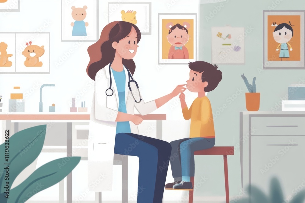 Fototapeta premium Pediatrician Examines Child in Calm Clinic Setting with Warm Decor and Child-Friendly Artwork