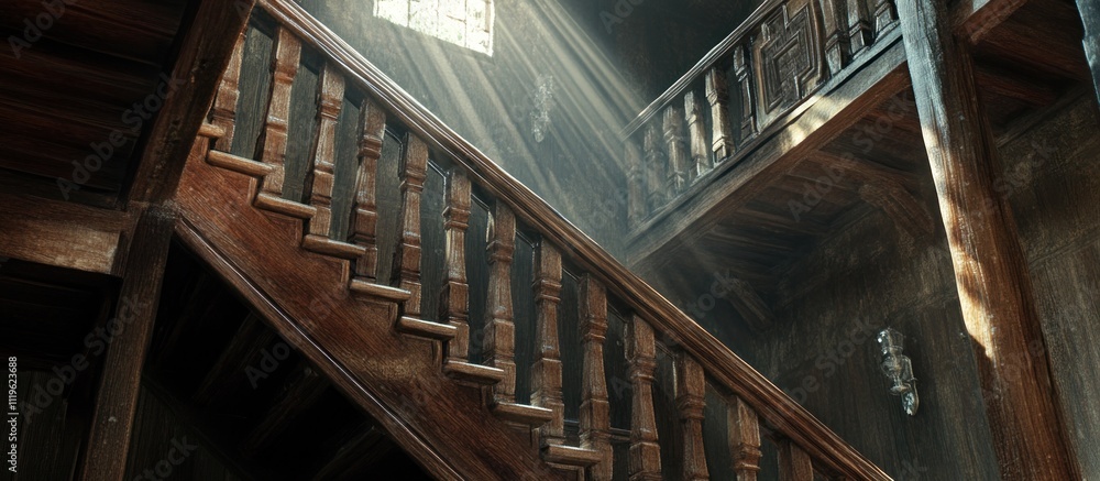 Fototapeta premium Sunlight streaming through a window onto a wooden staircase in an old house.