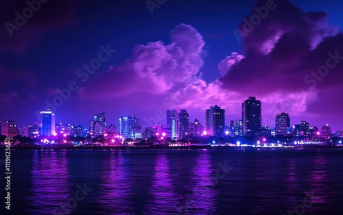 Wallpaper Mural A city skyline at night, illuminated by vibrant purple lights on the buildings Torontodigital.ca