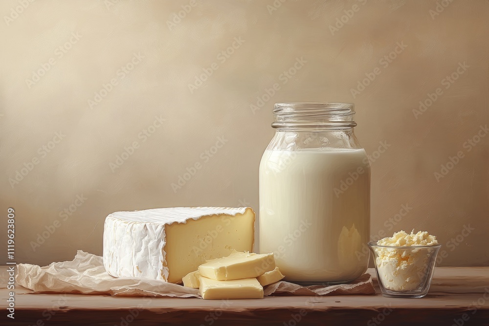 Farm products stand on a table on a beige background. Milk, cheese, butter, organic products. Wallpaper with Dairy products. Copy space. Farm products stand on a table on a beige background. Milk, cheese, butter, organic products. Wallpaper with Dairy products. Copy space.