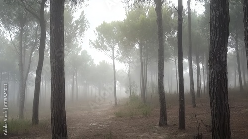 Misty pine forest path.