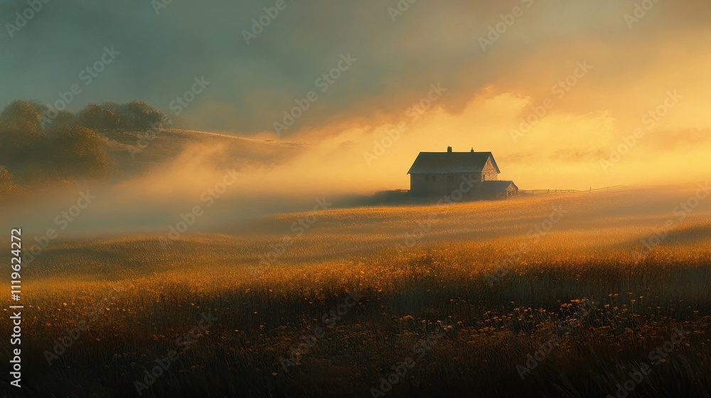 Fototapeta premium Misty sunrise over a lone house in a golden field.