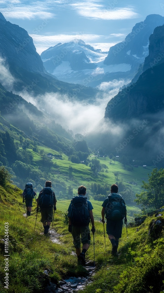 Obraz premium People go hiking against the backdrop of mountains and pastures. Travelers walk near the foot of the mountains with fog.