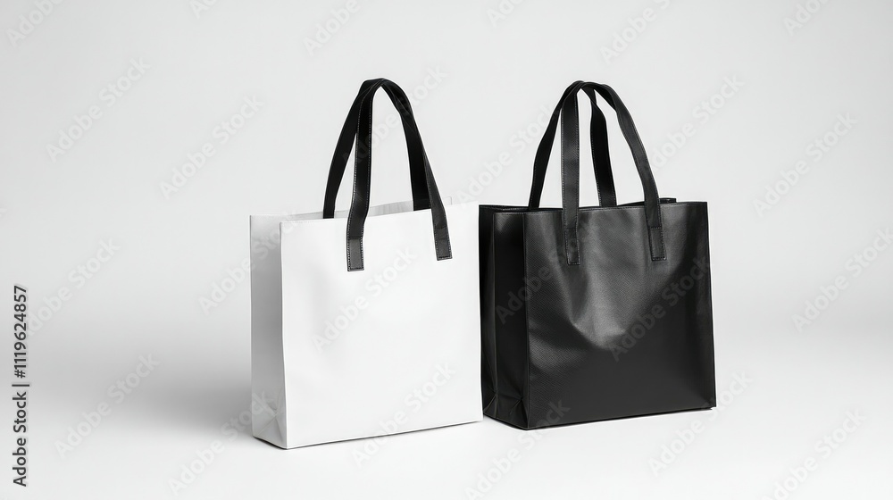 Black and white tote bags displayed flat against a neutral backdrop, emphasizing their versatility for custom branding ideas. Black and white tote bags displayed flat against a neutral backdrop, emphasizing their versatility for custom branding ideas.