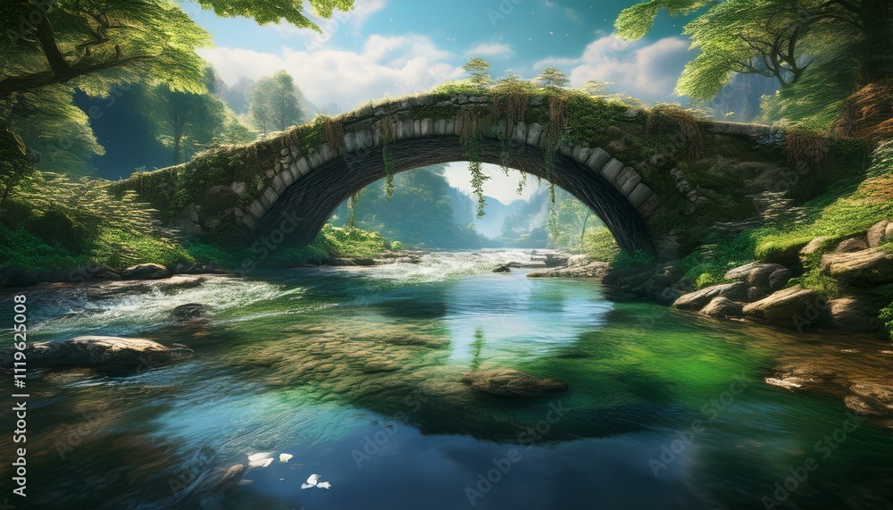Fototapeta premium An ancient stone bridge arches over a flowing river.