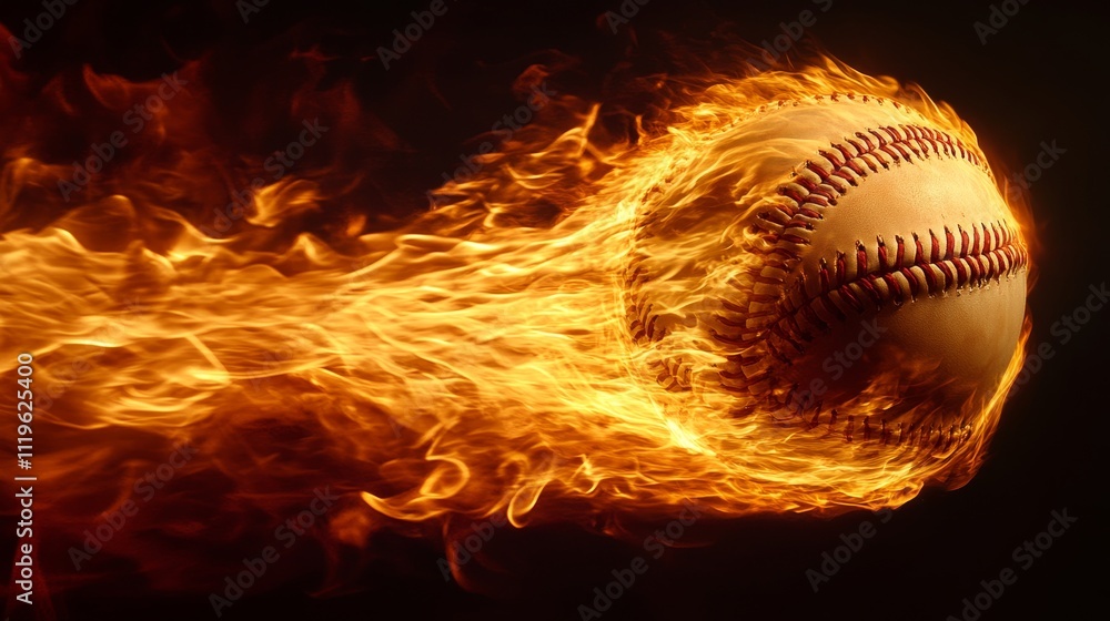 Flaming Baseball A Close-Up of a Spinning Ball Engulfed in Fiery Flames Against Black Flaming Baseball A Close-Up of a Spinning Ball Engulfed in Fiery Flames Against Black