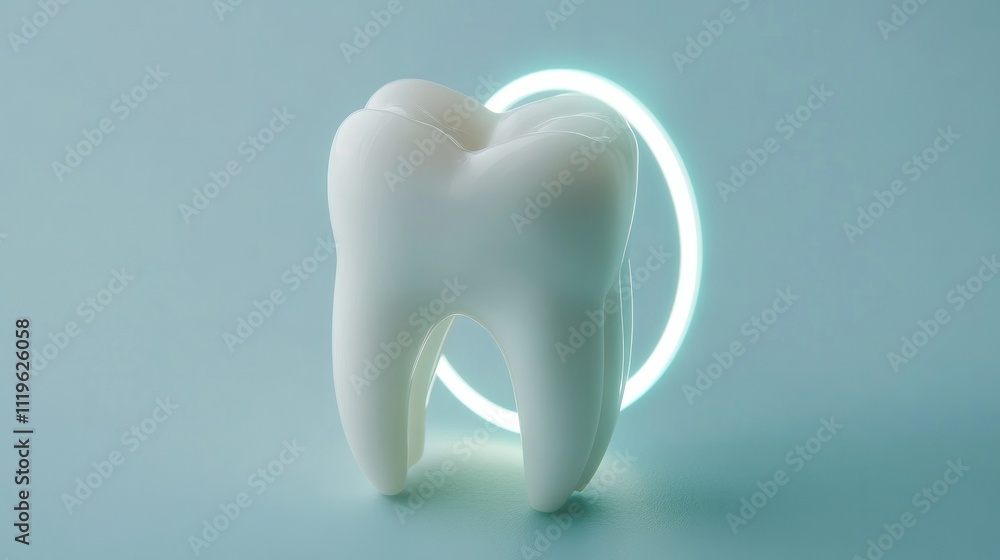 High-detail white tooth with energy ring effects surrounding it, glowing brightly against a clean and professional blue background High-detail white tooth with energy ring effects surrounding it, glowing brightly against a clean and professional blue background