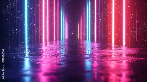 Neon Lights Reflect on Wet Surface, Glowing Vibrantly in Dark Space