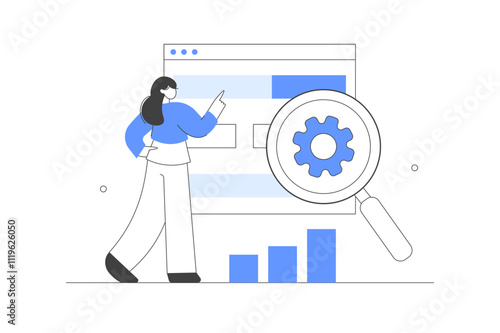 Marketing and seo strategy. Analyzing market trends and planning seo optimization. Seo targeting and performance. Flat Cartoon Vector Illustration, icon. Stylish abstract