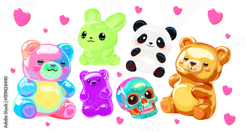 Colorful glossy jelly candies. Vector set isolated on white background. Cute bright bears, panda, rabbit and skull