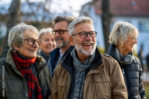 Group of senior friends having fun on a walk in the park.