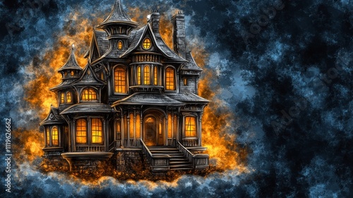 Wallpaper Mural Spooky Victorian Haunted House with Glowing Windows on a Foggy Night, Perfect for Halloween Torontodigital.ca