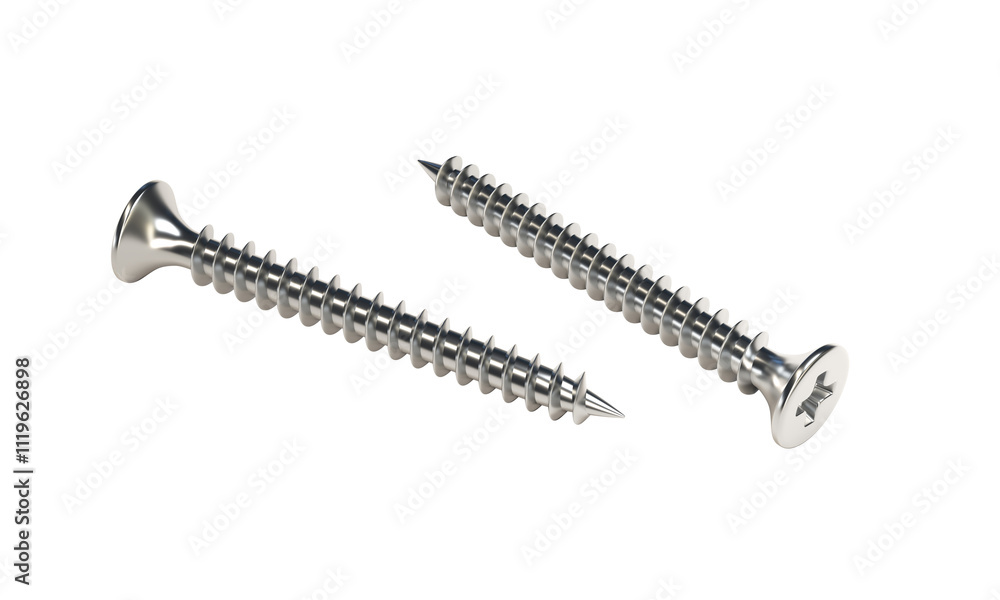 Two shiny metal screws lying on transparent background Two shiny metal screws lying on transparent background