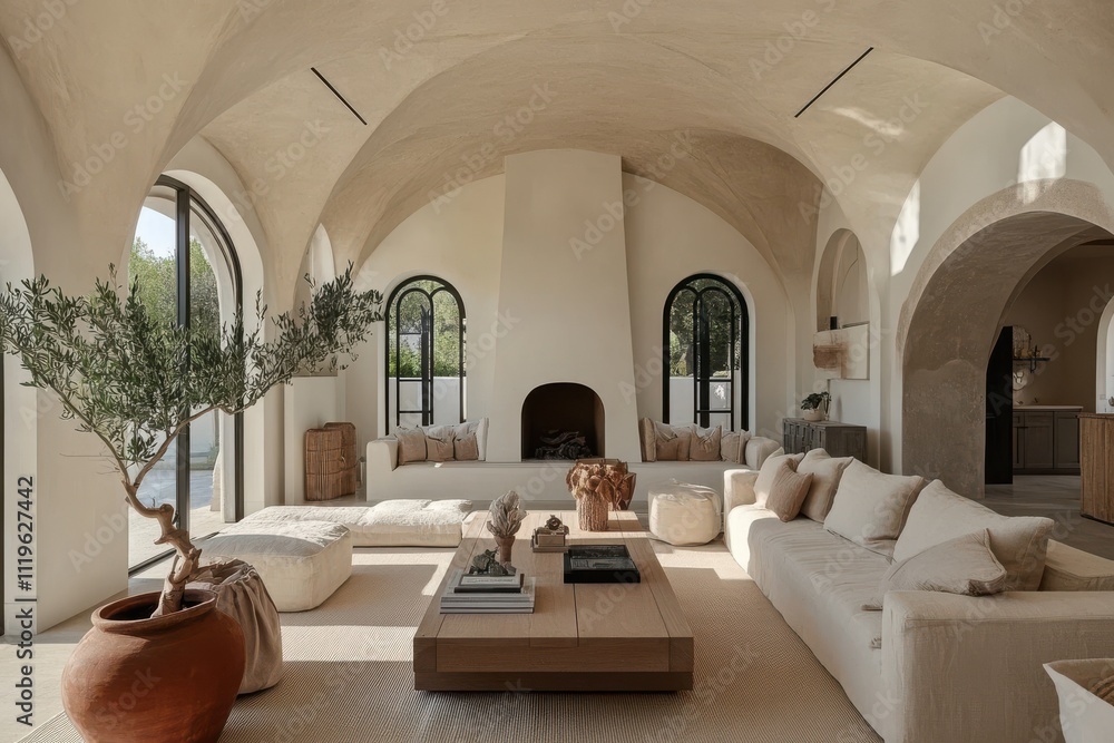 Minimalist modern living room warm neutral tones arched windows arched fireplace Minimalist modern living room warm neutral tones arched windows arched fireplace