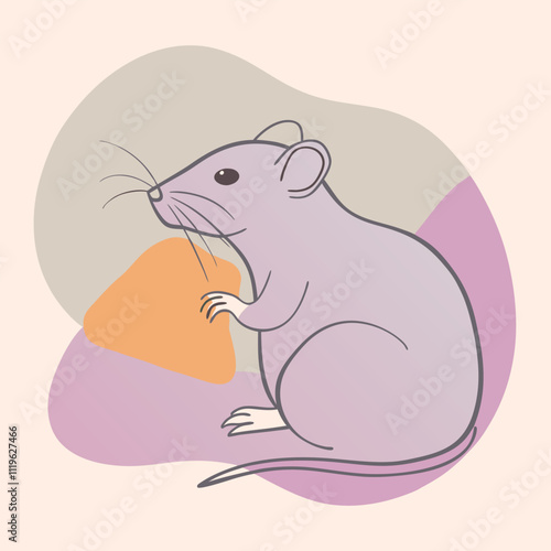 a black and white rat eating a chess slice, The image is simple and minimalistic,