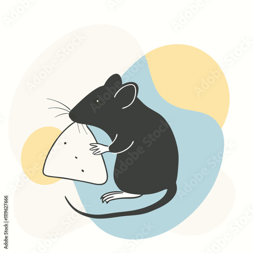 a black and white rat eating a chess slice, The image is simple and minimalistic,