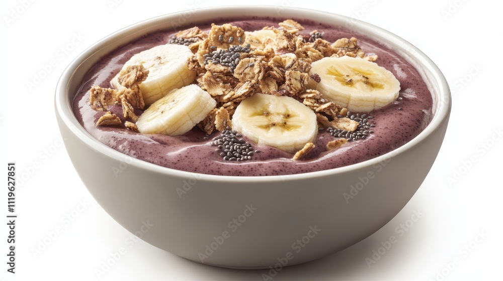 A smoothie bowl topped with banana slices, granola, and chia seeds for a healthy breakfast. A smoothie bowl topped with banana slices, granola, and chia seeds for a healthy breakfast.
