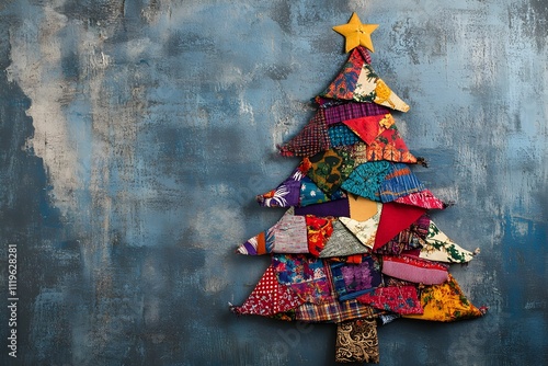 Colorful patchwork Christmas tree displayed on a textured blue wall during holiday season photo