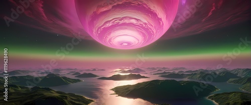 A terraformed exoplanet with oceans of pink water bright green landmasses and a sky filled with golden clouds. Extremely detailed high resolution illustration. photo