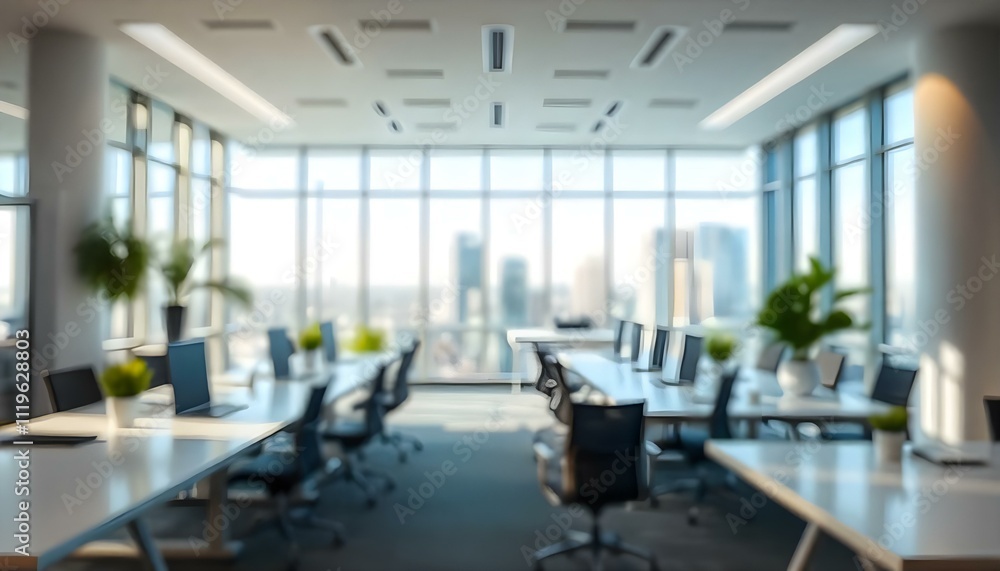Fototapeta premium Beautiful blurred background of a light modern office interior with panoramic windows