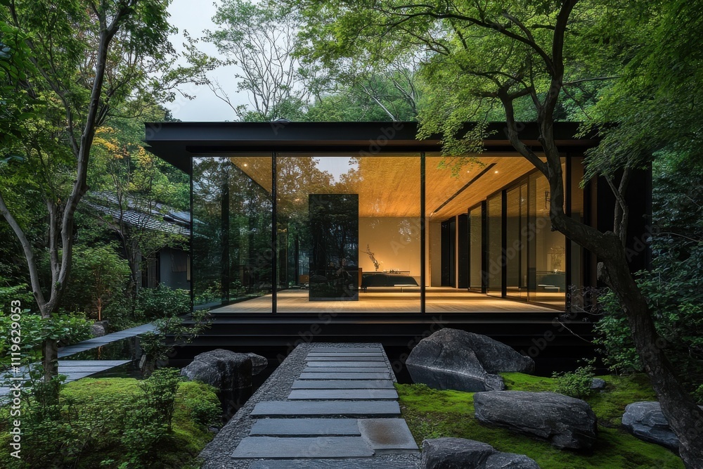 modern architecture forest house glass and wood facade lush green vegetation modern architecture forest house glass and wood facade lush green vegetation