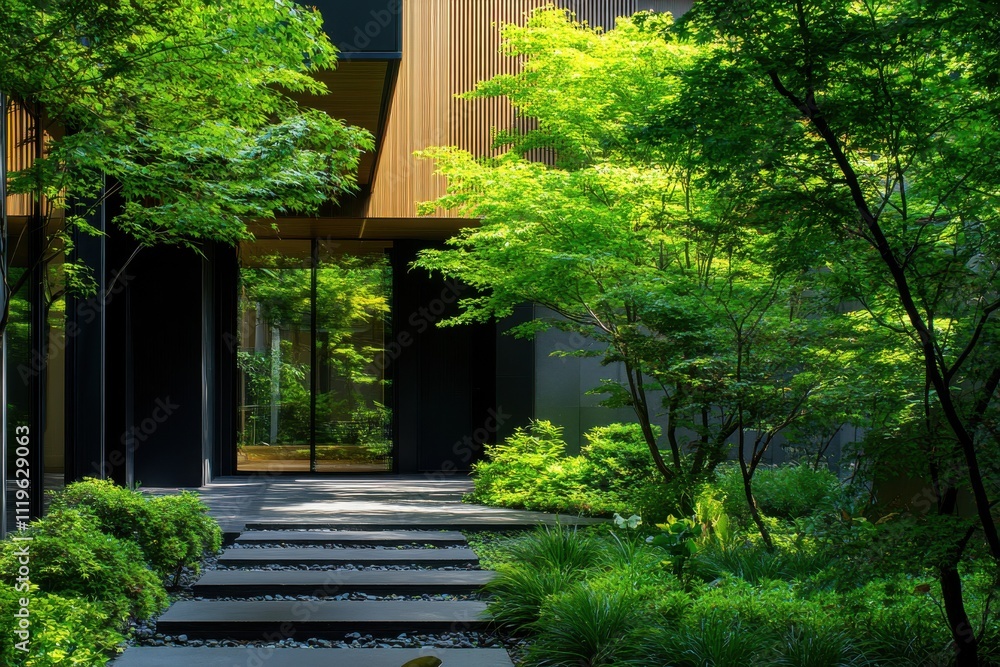 modern architecture forest house glass and wood facade lush green vegetation