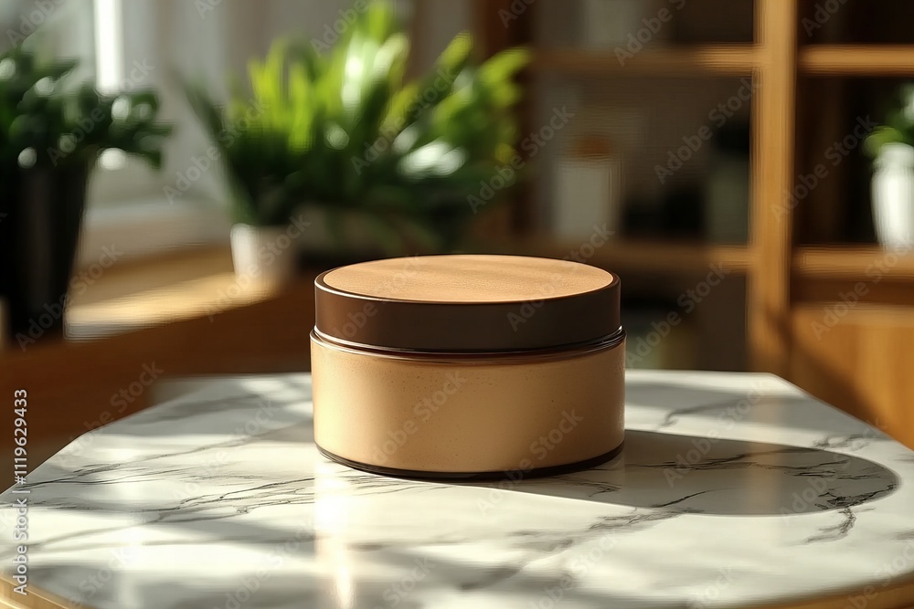 Cosmetic product mockup Minimalist brown jar on marble table with natural lighting in modern interior Cosmetic product mockup Minimalist brown jar on marble table with natural lighting in modern interior